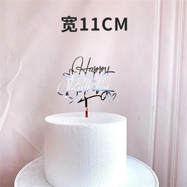 Mirror acrylic Happy Birthday cake topper with heart accents, unique party décor, 11cm wide