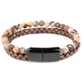 Stylish double bracelet featuring natural stone beads and braided brown leather with a black clasp