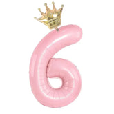 Charming pink number 6 balloon with a gold crown, perfect for unique party décor.