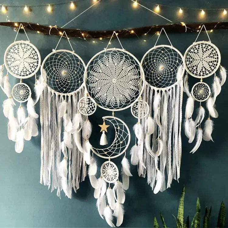 Intricate white dreamcatchers with feathers and moon charm, glowing fairy lights, unique wall décor