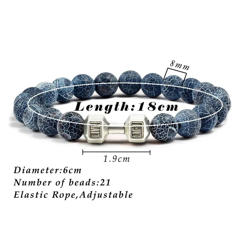 Adjustable beaded bracelet with blue crackle stone beads and unique dumbbell accent, stylish jewelry