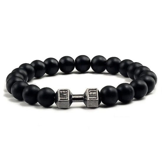 Matte black beaded bracelet with unique silver dumbbell charm, bold and stylish design.