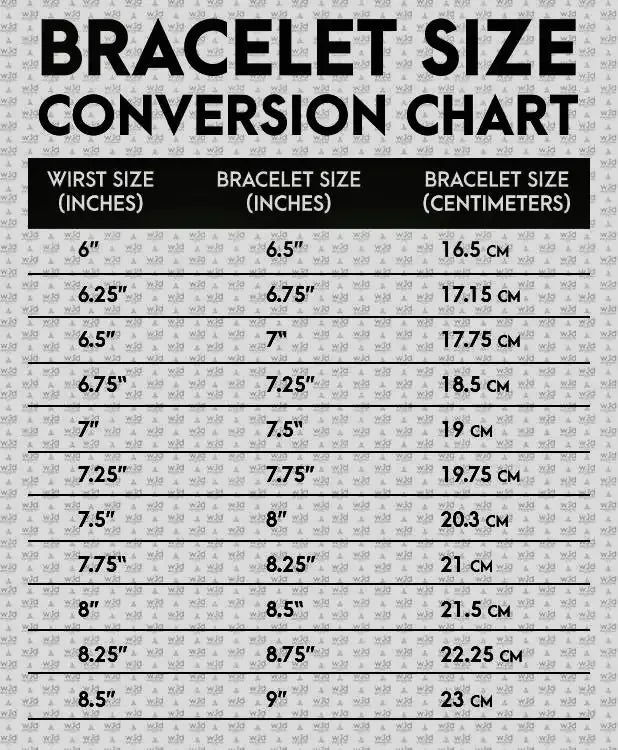 Bracelet size conversion chart with wrist sizes in inches and bracelet sizes in inches and centimeters.