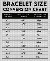 Bracelet size conversion chart with wrist sizes in inches and bracelet sizes in inches and centimeters.