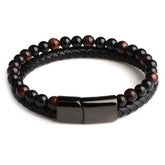 Striking black braided leather bracelet with glossy beads and sleek magnetic clasp