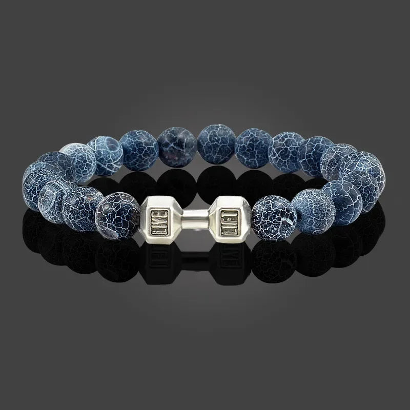 Striking blue crackled stone bead bracelet with unique silver dumbbell charm, bold modern style