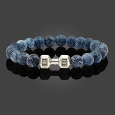 Striking blue crackled stone bead bracelet with unique silver dumbbell charm, bold modern style