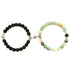 Curious dual-bead stretch bracelets with black and pastel stones, silver accents, linked uniquely.