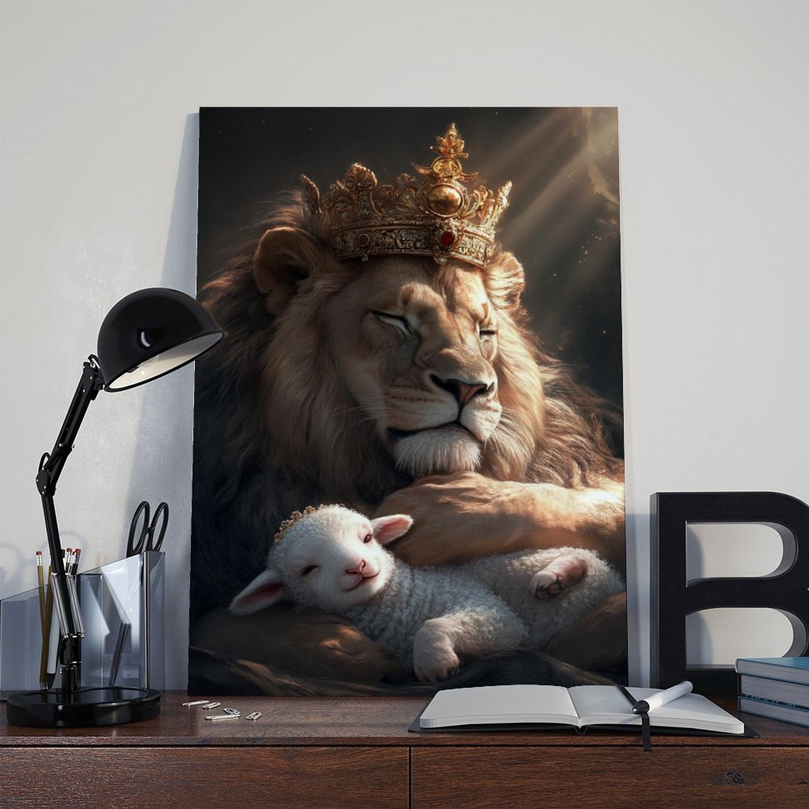 Lion King Embracing Sheep - Framed Abstract Canvas Wall Art