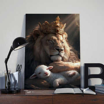 Lion King Embracing Sheep - Framed Abstract Canvas Wall Art