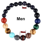 Eye-catching men’s bracelet with multi-colored gemstone beads, 8mm and 10mm sizes, perfect for a unique style statement.