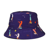 Vibrant purple bucket hat with playful mermaid pattern, perfect for unique summer style.