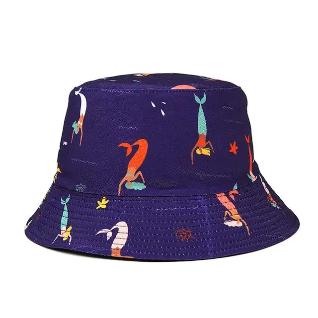 Vibrant purple bucket hat with playful mermaid pattern, perfect for unique summer style.