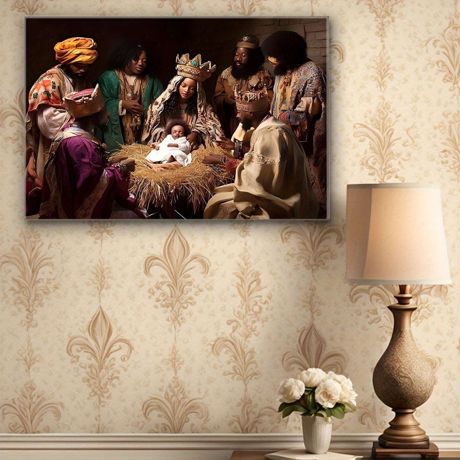 1pc Handcrafted Log Material Framed Canvas Art, Vintage Nativity Scene with Holy Kings, Crowned Figures & Adoring Family, Majestic Royal Attire, for Elegant Home Wall Decor, Living Room Aesthetics