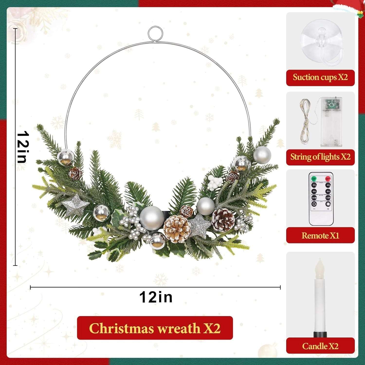 2-Pack ASPMIZ Traditional Christmas Wreaths with LED Lighted Taper Candles, Remote Control, Berries, Pine Cones - Wall Hanging Decor for Holiday, Winter - Plastic, Requires 2 AA Batteries (Not Included)
