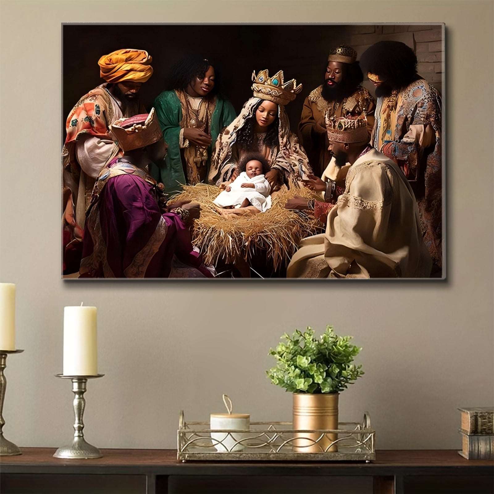 1pc Handcrafted Log Material Framed Canvas Art, Vintage Nativity Scene with Holy Kings, Crowned Figures & Adoring Family, Majestic Royal Attire, for Elegant Home Wall Decor, Living Room Aesthetics