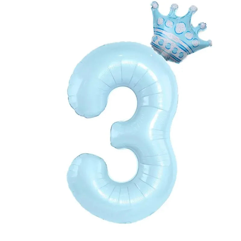 Charming light blue number 3 balloon with royal crown, perfect for unique party décor