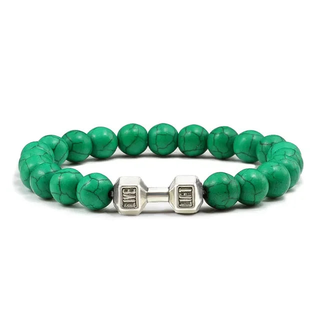 Vibrant green beaded bracelet with unique silver dumbbell charm, perfect for bold, stylish looks