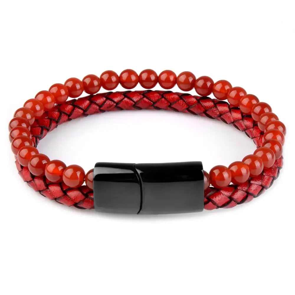 Striking red bead and braided leather bracelet with bold black clasp, a truly unique accessory.
