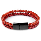 Striking red bead and braided leather bracelet with bold black clasp, a truly unique accessory.