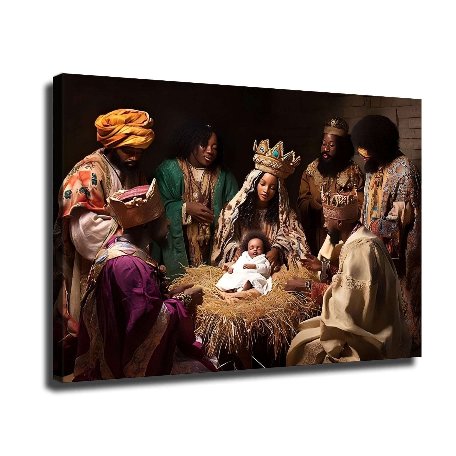 1pc Handcrafted Log Material Framed Canvas Art, Vintage Nativity Scene with Holy Kings, Crowned Figures & Adoring Family, Majestic Royal Attire, for Elegant Home Wall Decor, Living Room Aesthetics