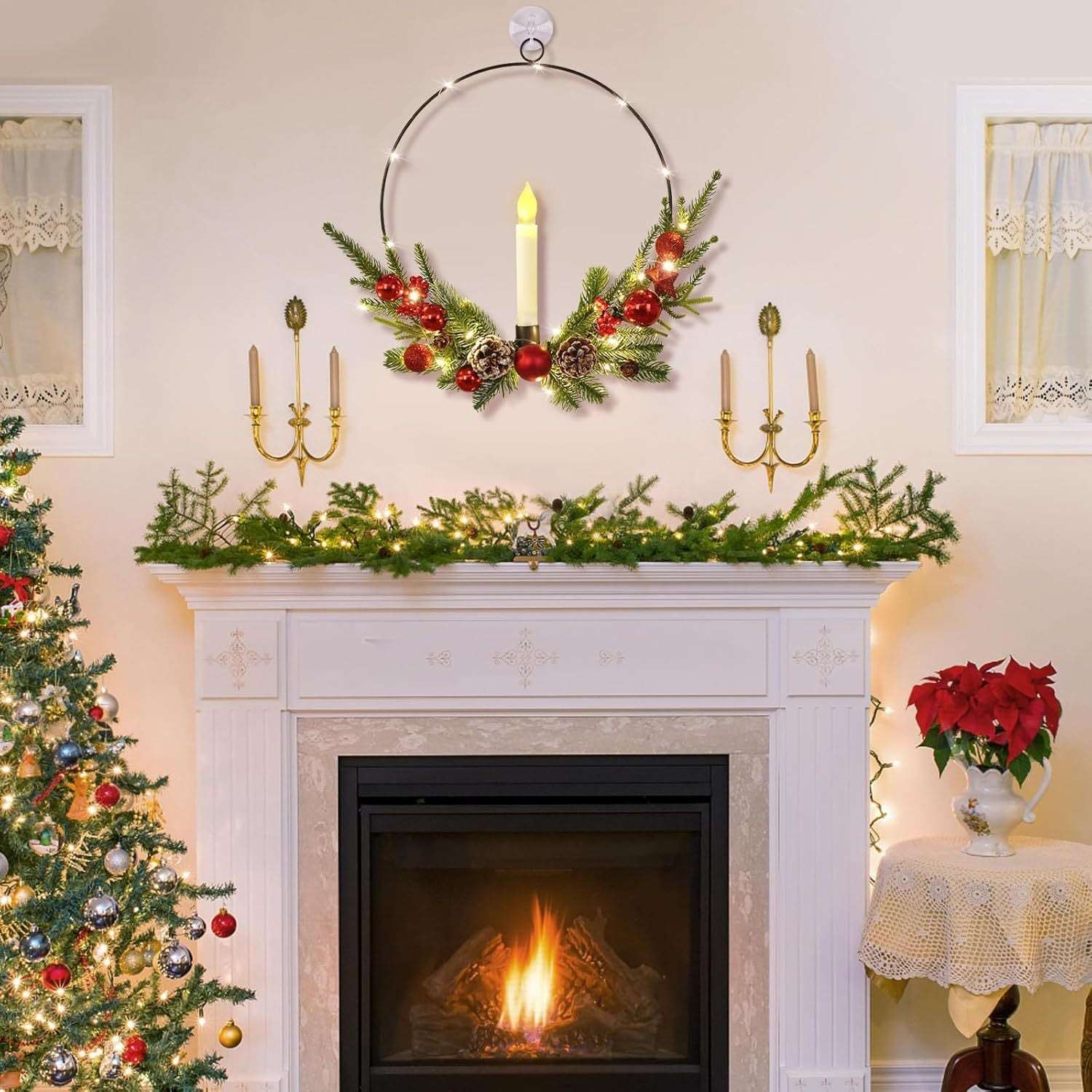 2-Pack ASPMIZ Traditional Christmas Wreaths with LED Lighted Taper Candles, Remote Control, Berries, Pine Cones - Wall Hanging Decor for Holiday, Winter - Plastic, Requires 2 AA Batteries (Not Included)