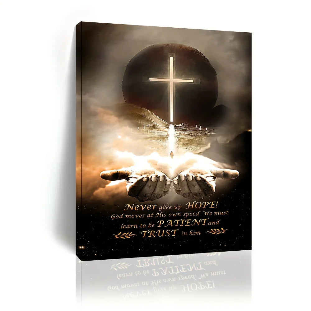 Divine hands cradle glowing cross with hopeful message, inspiring faith and patience in spiritual art.