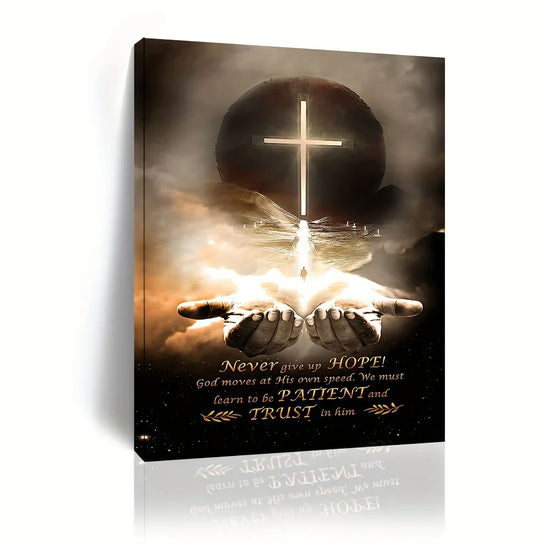 Divine hands cradle glowing cross with hopeful message, inspiring faith and patience in spiritual art.