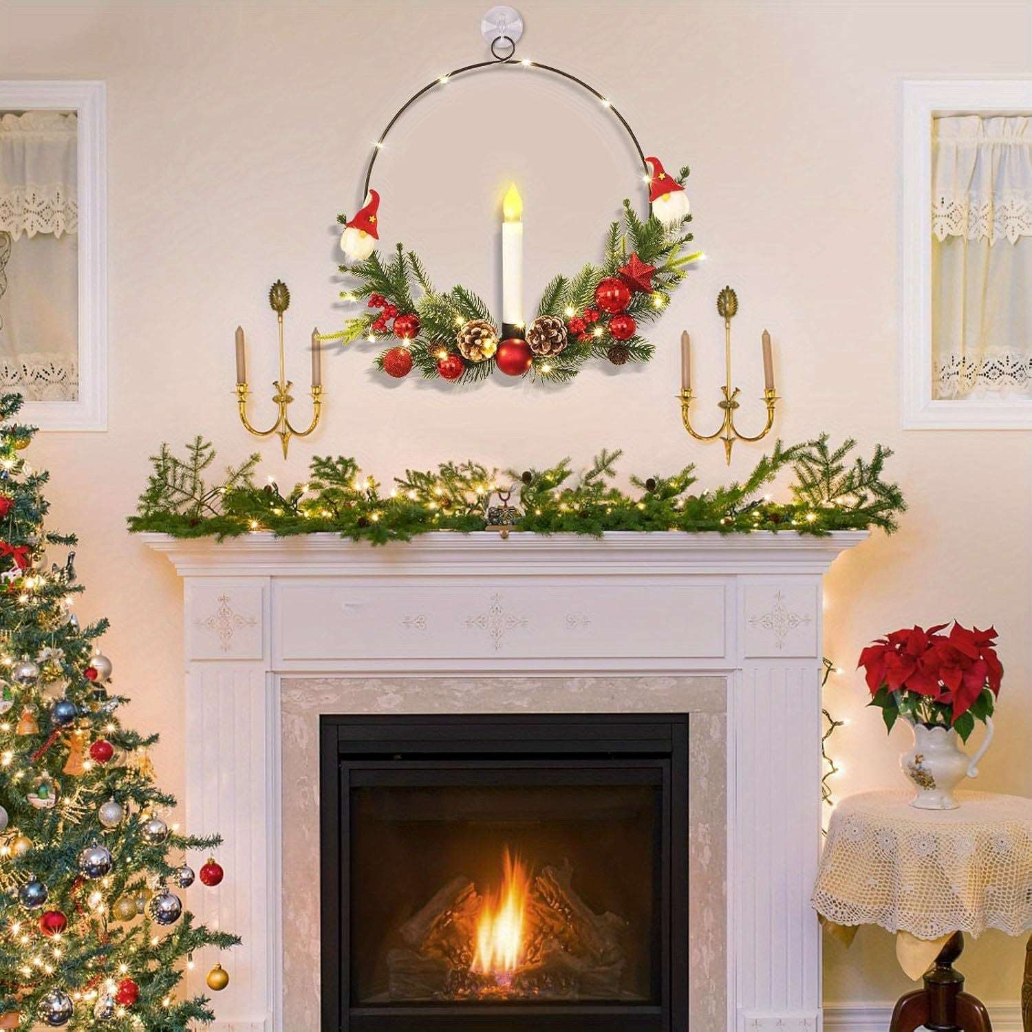 2-Pack ASPMIZ Traditional Christmas Wreaths with LED Lighted Taper Candles, Remote Control, Berries, Pine Cones - Wall Hanging Decor for Holiday, Winter - Plastic, Requires 2 AA Batteries (Not Included)