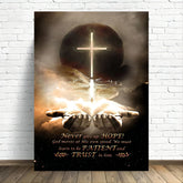 Hands cradle glowing cross & path to hope—faith art for patient trust. Divine light inspires bold self-expression.