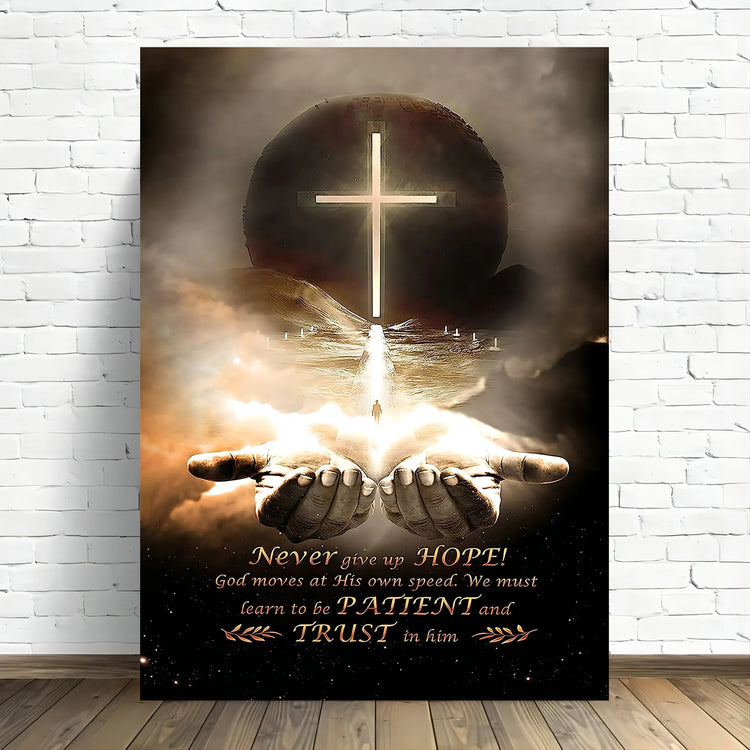 Hands cradle glowing cross & path to hope—faith art for patient trust. Divine light inspires bold self-expression.