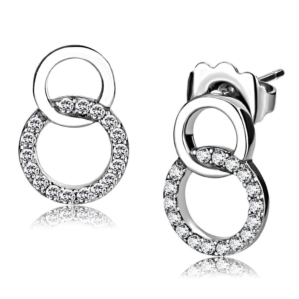 DA179 - High polished (no plating) Stainless Steel Earrings with AAA Grade CZ  in Clear-0