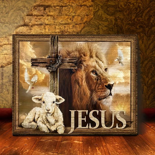 Lion & Lamb Canvas Poster w/Spiritual Cross Symbol - Framed