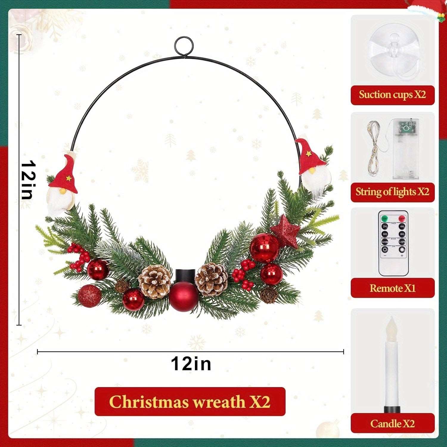 2-Pack ASPMIZ Traditional Christmas Wreaths with LED Lighted Taper Candles, Remote Control, Berries, Pine Cones - Wall Hanging Decor for Holiday, Winter - Plastic, Requires 2 AA Batteries (Not Included)