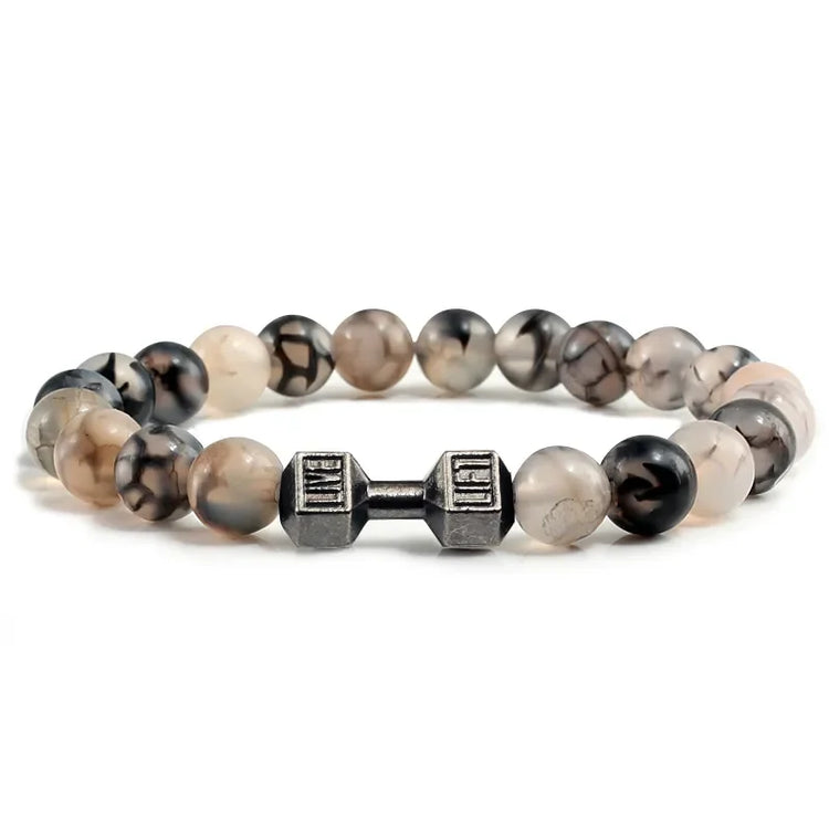 Curious agate bead bracelet with unique metal dumbbell charm, perfect for standout style.