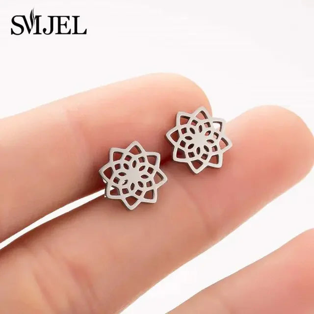 Unique geometric flower stud earrings, intricate silver design, eye-catching jewelry