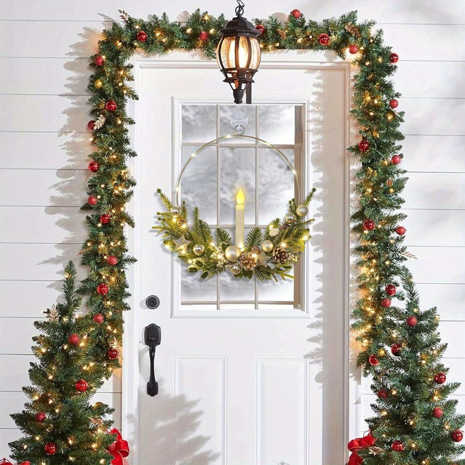 2-Pack ASPMIZ Traditional Christmas Wreaths with LED Lighted Taper Candles, Remote Control, Berries, Pine Cones - Wall Hanging Decor for Holiday, Winter - Plastic, Requires 2 AA Batteries (Not Included)