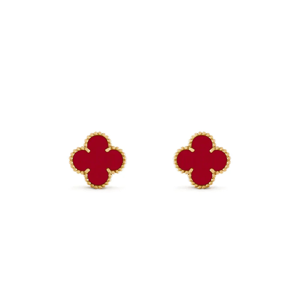 Eye-catching red clover-shaped gold stud earrings, unique statement jewelry gift
