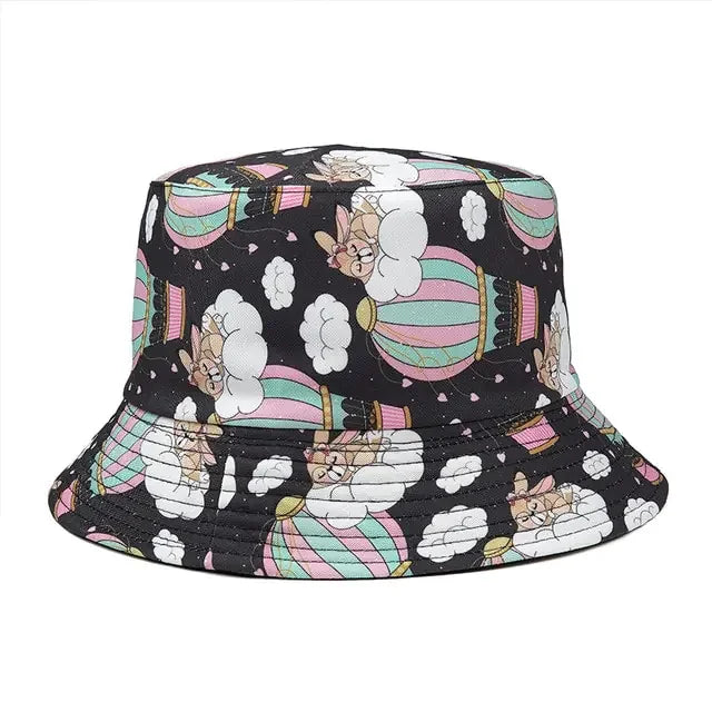 Whimsical bucket hat with pastel hot air balloons, cute dogs, and clouds on a black background.