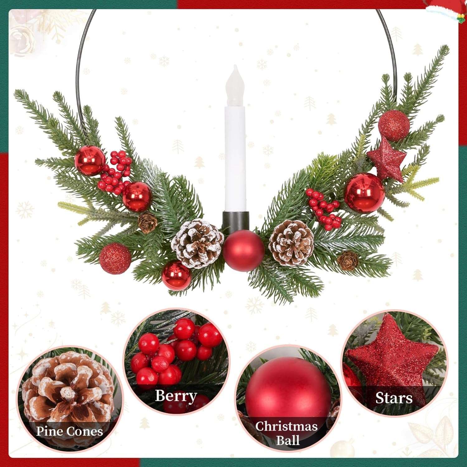 2-Pack ASPMIZ Traditional Christmas Wreaths with LED Lighted Taper Candles, Remote Control, Berries, Pine Cones - Wall Hanging Decor for Holiday, Winter - Plastic, Requires 2 AA Batteries (Not Included)