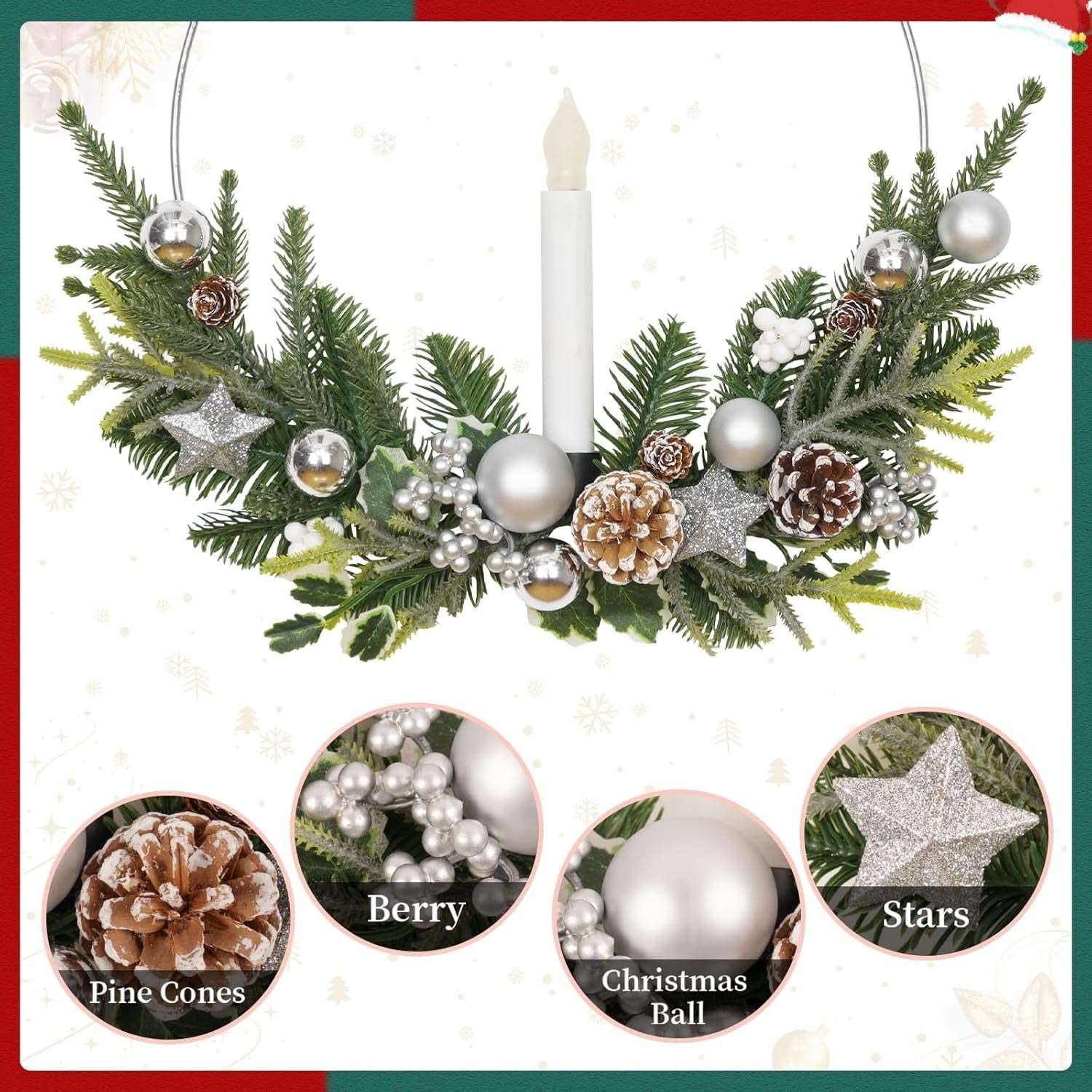 2-Pack ASPMIZ Traditional Christmas Wreaths with LED Lighted Taper Candles, Remote Control, Berries, Pine Cones - Wall Hanging Decor for Holiday, Winter - Plastic, Requires 2 AA Batteries (Not Included)