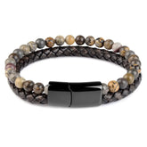 Intriguing beaded and braided leather bracelet with sleek black magnetic clasp, modern style