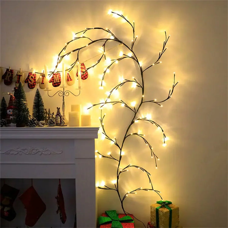 Enchant your home with unique wall branch string lights, glowing warmly above festive holiday décor.