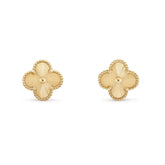 Elegant gold clover stud earrings with unique beaded edges, perfect for a chic, standout look.