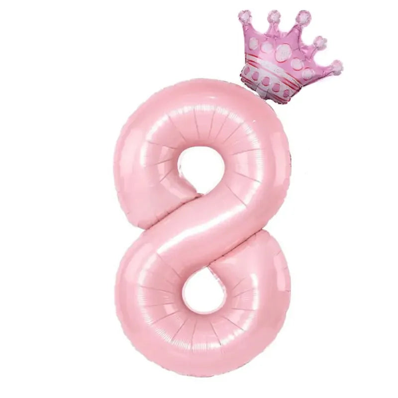 Shiny pink number 8 balloon with a playful crown, perfect for unique birthday décor