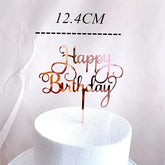 Rose gold Happy Birthday cake topper with elegant script, unique party décor accent, 12.4cm tall