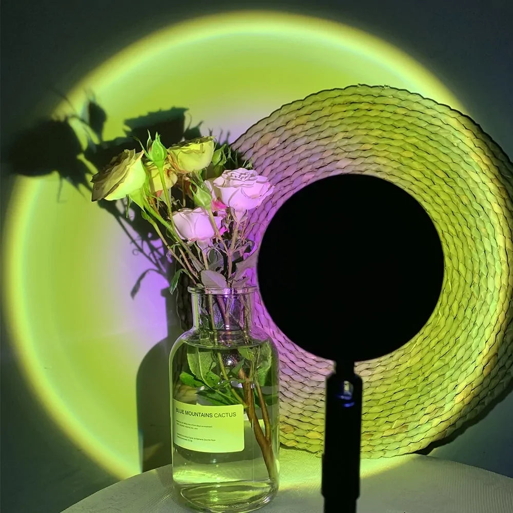 Curious yellow roses in glass vase with unique rainbow light, stylish home décor inspiration