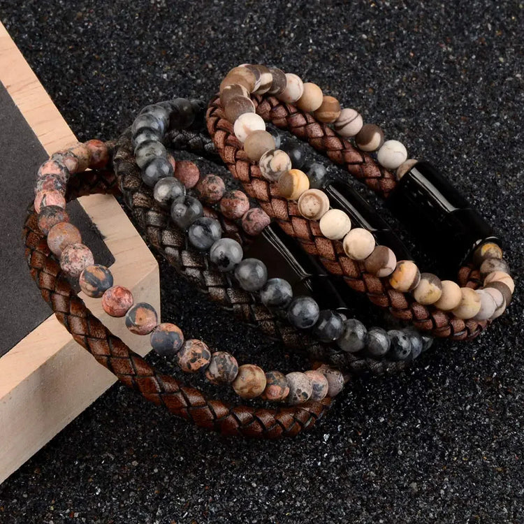 Intriguing beaded and braided leather bracelets with natural earthy tones, perfect for unique style