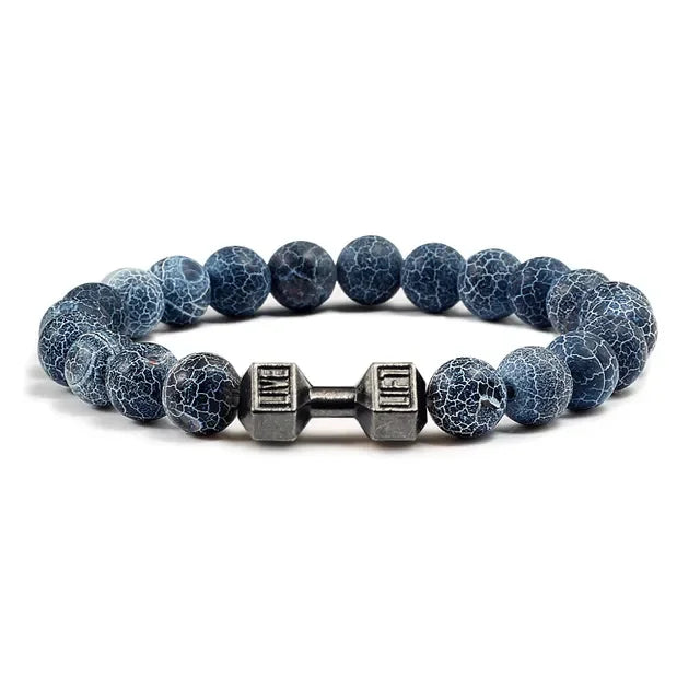 Striking blue crackle agate beaded bracelet with unique silver dumbbell charm, perfect for standout style.