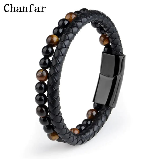 Sleek black braided leather and tiger eye bead bracelet with bold magnetic clasp, exuding unique style